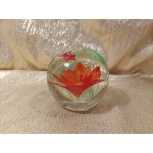Blown Glass Globe Paperweight Orange Red Lilly Flower Koi Fish Controlled Bubble